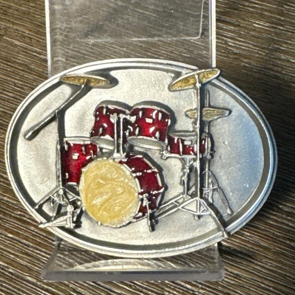 Vintage 1989 Siskiyou Drum Set Belt Buckle Pewter Red Enamel Drummer USA Made